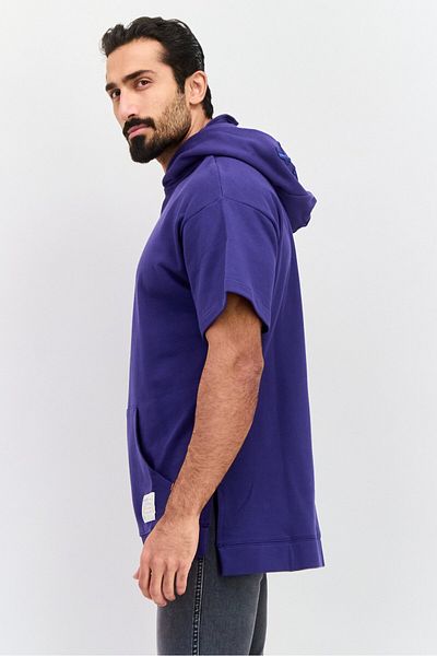 Tribe of 6 Men Hooded Short Sleeve Brand Logo Sweatshirt, Blue