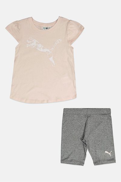 Puma Kids Girl 2pcs Brand Logo Tops And Shorts Set, Light Pink