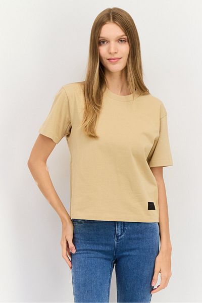 Esprit Women Crew Neck Short Sleeve Solid T-Shirt, Dark Beige