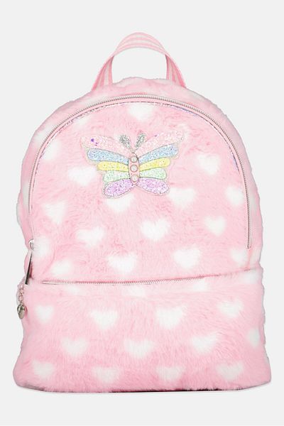 OMG Accessories Kids Girl Butterfly Heart Print Faux Fur Backpack 25 H x 23 L x 8 W cm, Pink