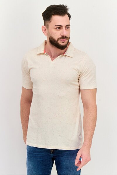 Project Essentials Men Regular Fit Short Sleeve Textured Polo Shirt, Beige