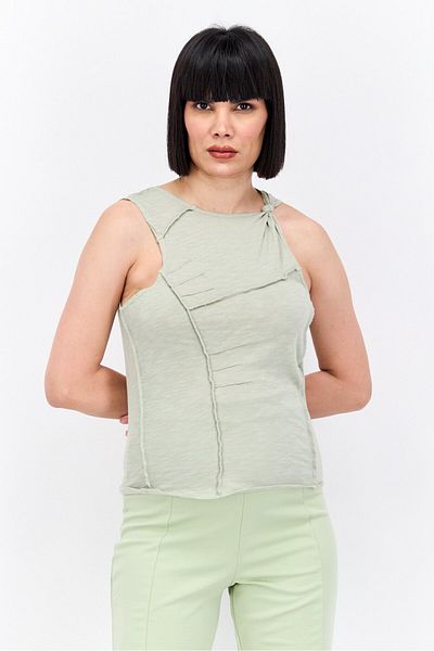 Lna Women Round Neck Sleeve Plain Tank Top, Sage Green