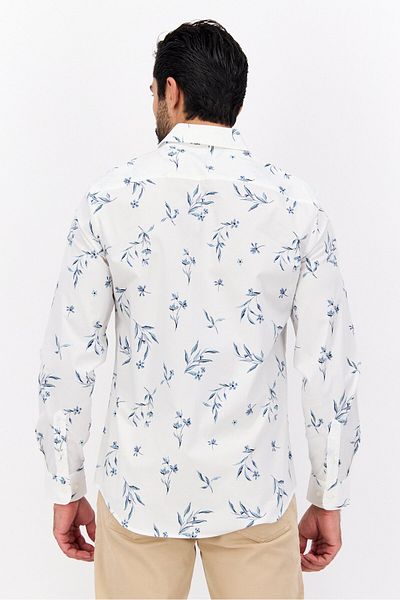 Perry Ellis Men Stretch Fit Floral Print Long Sleeve Casual Shirt, White Combo