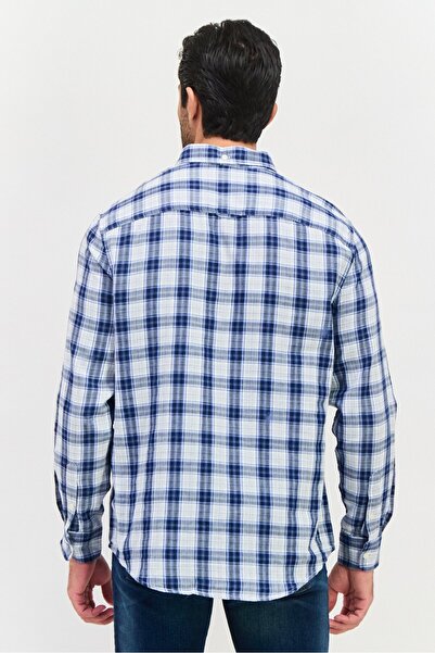 Perry Ellis Men Regular Fit Long Sleeves Plaid Casual Shirt, Navy