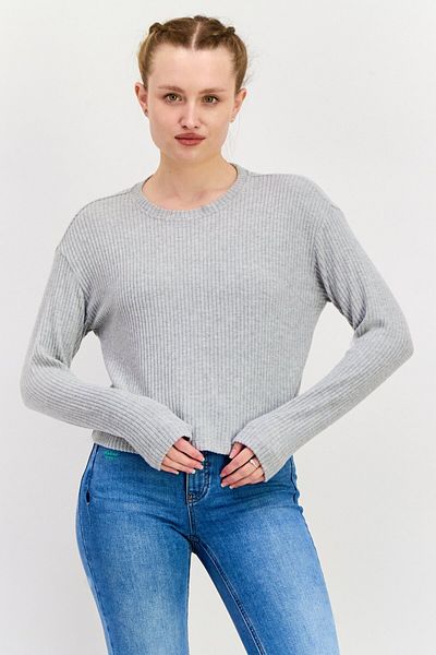 Dex Women Crew Neck Knitted Long Sleeves Sweater, Grey