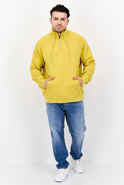 Esprit Men High Neck Long Sleeves Solid Half Zip Sweatshirt, Mustard