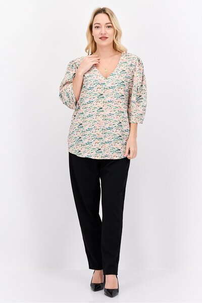 Scotch & Soda Women V Neck Short Sleeve Allover Print Tunic Top, Green Combo