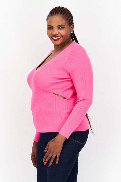 Bar III Women Plus Size V Neck Long Sleeve Textured Blouse, Pink