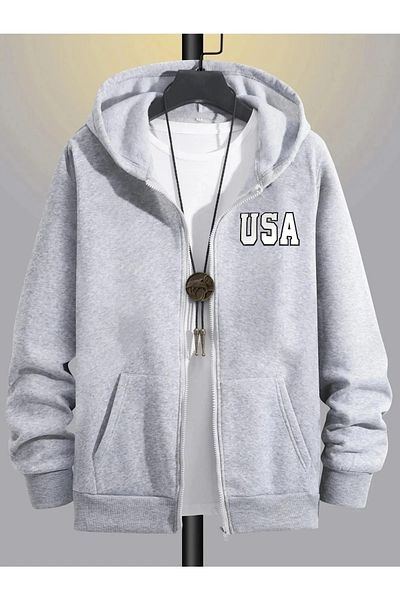 Pink Sky Usa Printed Zippered Hooded Sweatshirt Cardigan