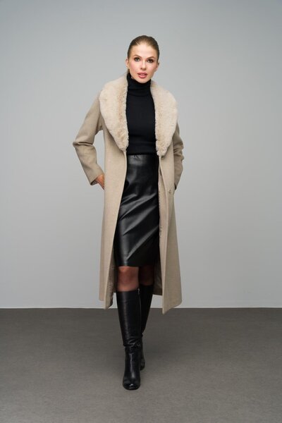 Olcay Stone Colored Snap Closure DeTAchable Collar Intermediate Coat - Stone 3066