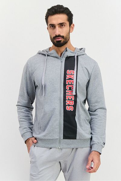 SKECHERS Men Sportswear Fit Brand Logo Outdoor Hoodies, Grey