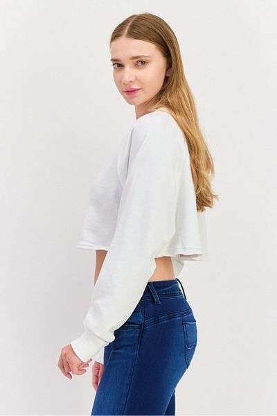 NIA Women Crew Neck Long Sleeves Solid Crop Sweatshirt, White