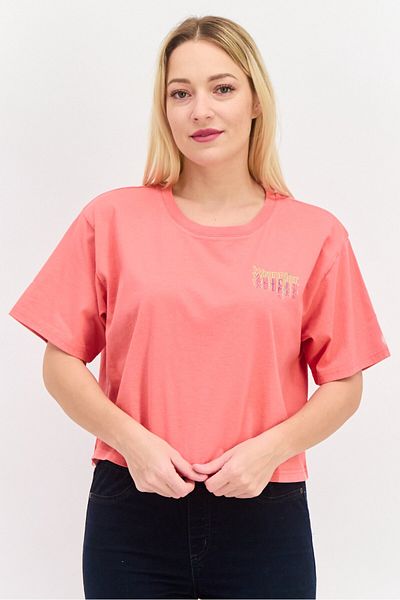 WRANGLER Women Round Neck Short Sleeves Brand Logo Crop Top, Pink