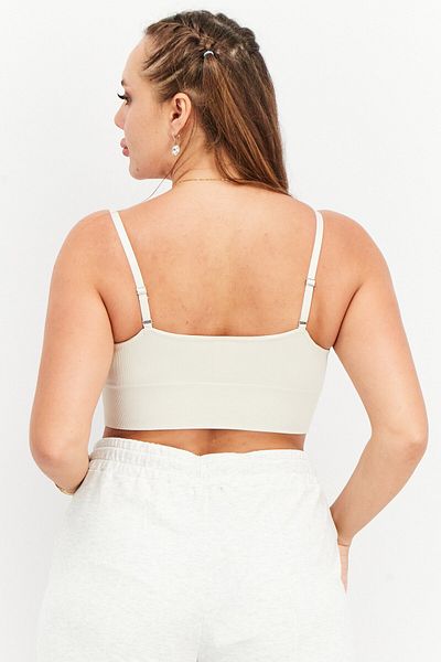 Tchibo Women Scoop Neck Sleeveless Ribbed Crop Top, Beige