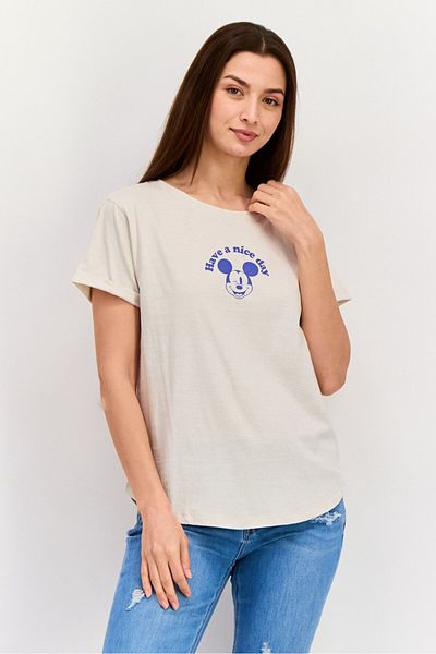 Disney Women Crew Neck Short Sleeves Graphic Print T-shirt, Beige