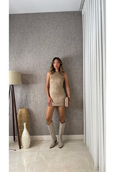 Mucios Askılı Kısa Süet Elbise