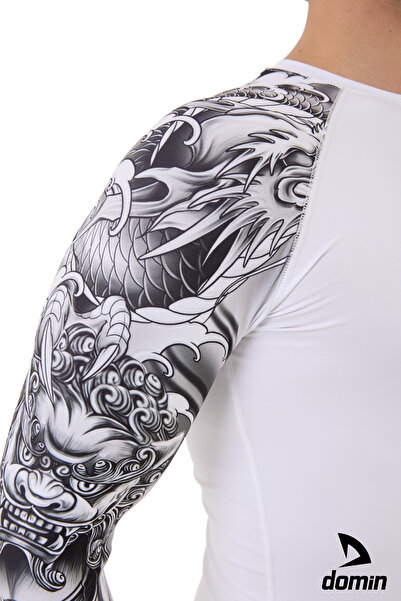 DOMİN SPOR Чоловіча футболка для фітнесу з довгим рукавом біла з одним рукавом з візерунком для стиснення фітнес-залу