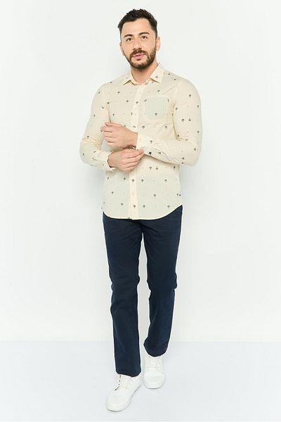 Scotch & Soda Men Regular Fit Allover Print Long Sleeves Casual Shirt, Beige