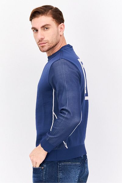 freesoul Men Crew Neck Long Sleeves Brand Logo Sweatshirt, Navy Blue