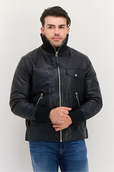 Esprit Men Solid Leathered Jackets, Black