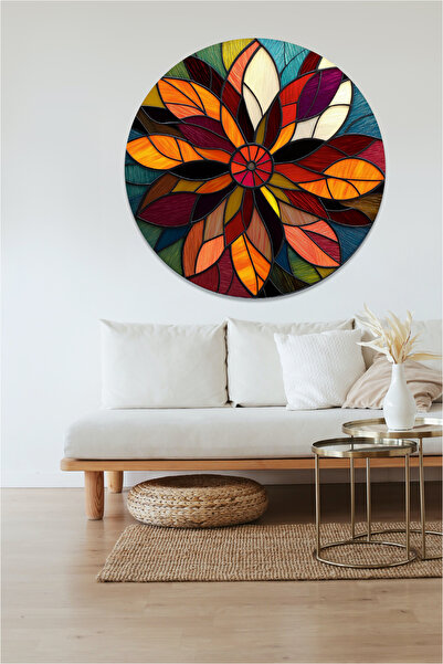 KOSS Dijital Vitray Desenli Çiçekler Yuvarlak Sticker, Yuvarlak Şekilli Sticker, Soyut Renkli Duvar Dekoru