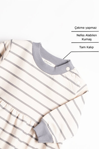 Vauva Kız Bebek Çocuk Baskılı Elbise Uzun Kollu Mevsimlik Çizgili Elbise