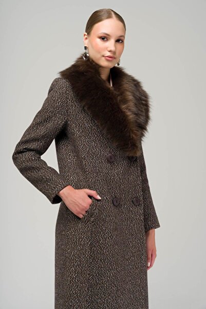 Olcay Odnímatelný kožešinový límec dvouřadý kabát s rybí kostí HNĚDÝ 3937