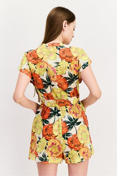 Scotch & Soda Women Floral Print Short Sleeve Jumpsuit, Yellow Combo