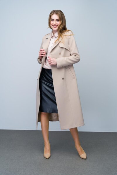Olcay BEIGE Double Breasted Cashmere Coat - Epaulet and Cloak Detail, Intermediate Size 3006