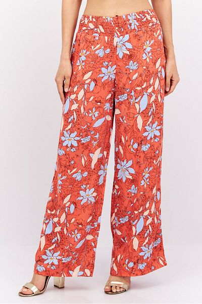Esprit Women Wide Leg Floral Print Palazzo Pants, Peach Combo