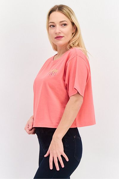 WRANGLER Women Round Neck Short Sleeves Brand Logo Crop Top, Pink