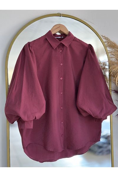 Ebrar Store Sedef Balloon Sleeve Shirt-Bn4207 Claret Red