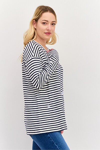 Esprit Women Round Neck Long Sleeves Stripe Print Top, White