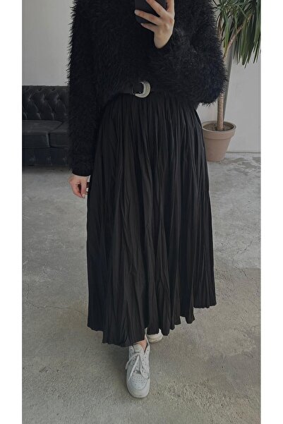 128ve980 Fusta lungă neagră cu talie înaltă din țesătură pliată cu talie elastică pentru femei