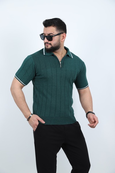 EFAL BUTİK Ανδρικό πλεκτό μπλουζάκι με σμαραγδί πράσινο ριγέ