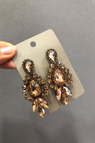 Hayalperest boncuk Honey Color Crystal Jewelled 3 Stone Oval Earrings