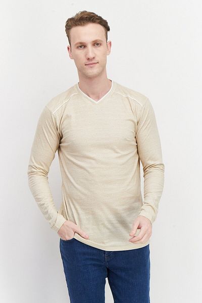 Modern Culture Men V-neck Plain Long Sleeves Sweatshirt, Light Brown