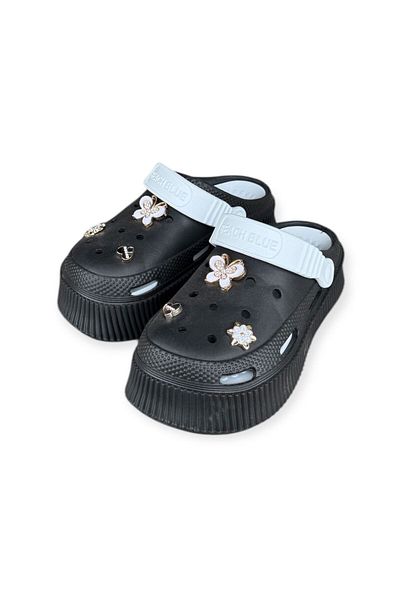 Seha Rooster Women's Black Stone High Platform Sole Closed Front Light Sole Slippers Sandals