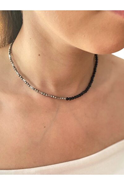 By Saadet Özkanlı Kadın Hematit Ve Oniks Siyah Ince Kolye, Doğaltaş Choker , 36 Cm 4 Cm Uzatma Zinciri