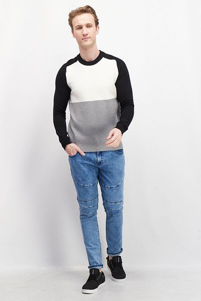 CELIO Men Crew Neck Long Sleeve Colorblock Sweater, Grey/black/off White