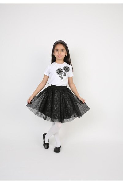 Generic Brand Black Flowered Bodysuit with Black Glitter Skirt for Girls, Apr...