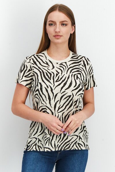 ATM Anthony Thomas Melillo Women Crew Neck Short Sleeve Animal Print Tops, Beige