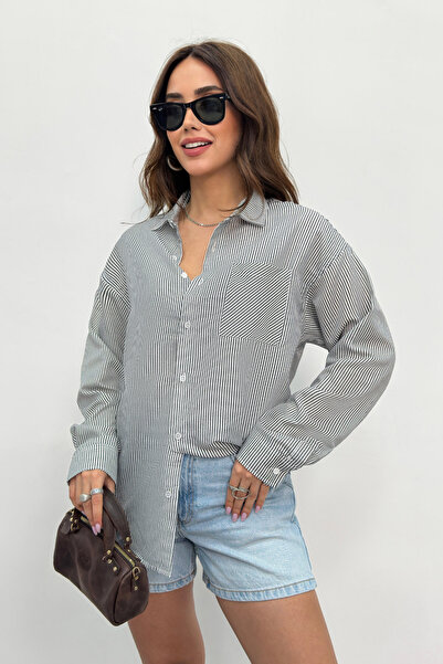 King Brothers Kadın Gömlek Çizgili Cepli Oversize Gömlek