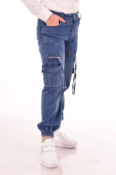 MORE KIDS Pantaloni din denim din lycra cu fermoar cu buzunar cargo pentru fete