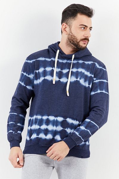 Sovereign Code Men Hooded Neck Tie Dye Print Long Sleeves Sweatshirt, Navy