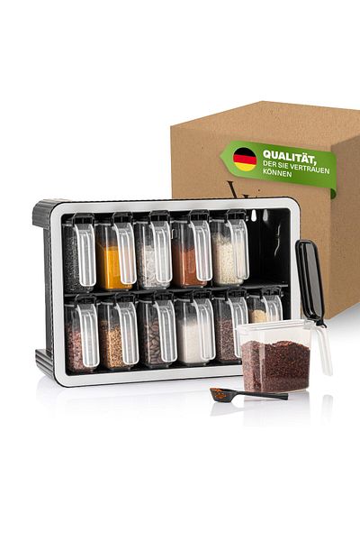 Viwares Gewürzdosen 12er Set mit Wandhalterung und Löffeln, Luftdicht, BPA-frei, Transparent