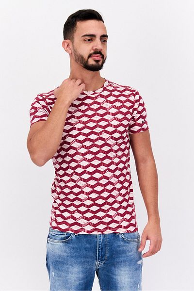 GAS Men Slim Fit Crew Neck Short All Over Printed T Shirt, Red Combo