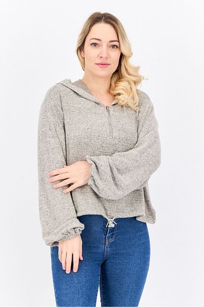 Brave Soul Women Hooded Long Sleeve Solid Sweatshirt, Beige