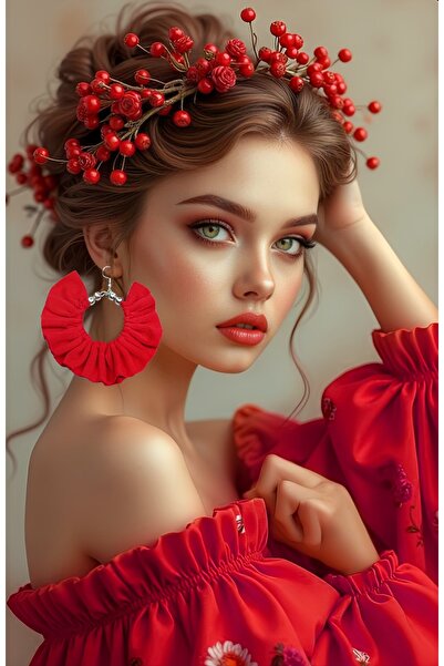 maia Kadın Gümüş Renk Halka Sallantılı Küpe – Kırmızı Kumaş Boncuklu Tasarım