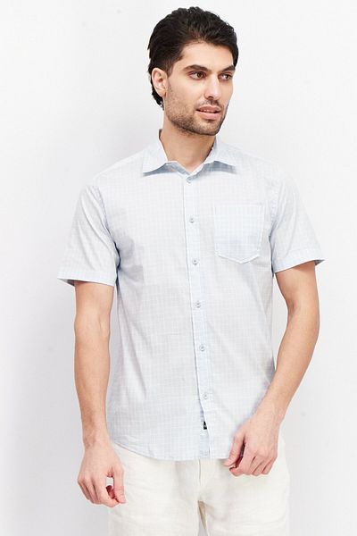 Kenneth Cole Men Regular Fit Short Sleeve Checkered Casual Shirt, Light Blue